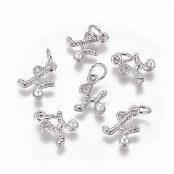 Letter H Латунь прелести, с фианитами и оболочки жемчужиной шарик, буквы, платина, прозрачные, letter.h, 9.5~11x3.5~10.8x3~3.5 мм, отверстие : 3.5 мм