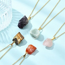 Golden Raw Rough Natural Mixed Gemstone Nuggets Pendant 304 Stainless Steel Cable Chain Necklaces, Golden, 17.60 inch(44.7cm)