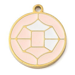 Розовый 304 подвески из нержавеющей стали, с эмалью, плоский круглый шарм, золотые, туманная роза, 17x15x1.7 мм, отверстие : 1.4 мм