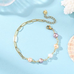 Coloré Bracelets en perles naturelles polies sur les deux faces, avec chaînettes en acier inoxydable de type trombone., or, colorées, 304 pouce (7.56 cm)