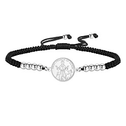 Stainless Steel Color Religion 304 Stainless Steel Saint Francis of Assisi Medal Charm Adjustable Black Braided Cord Bracelets, Stainless Steel Color, 6.69 inch(17cm)