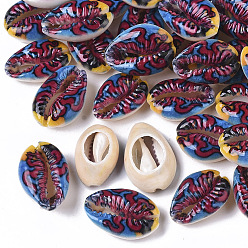 Colorful Printed Natural Cowrie Shell Beads, No Hole/Undrilled, with Marine Organism Pattern, Colorful, 18~25x12~15x7mm