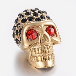 Golden 304 Stainless Steel Rhinestone Beads, Large Hole Beads, Skull Head, Ruby, Golden, 21.5x13x13mm, Hole: 6mm