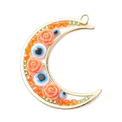 Оранжевый Подвески латуни cmолы, луна с розой и дурным глазом, с 304 кольцами из нержавеющей стали и лампворком, оранжевые, 49x44x7 мм, отверстие : 5 мм