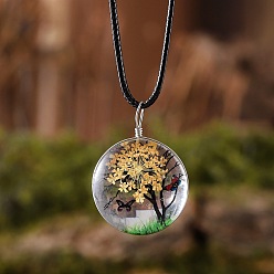 Мокасин Плоские круглые стеклянные ожерелья с подвеской в виде сухоцвета и дерева внутри, черные вощеные шнуры, мокасин, 17.52 дюйм (44.5 см)