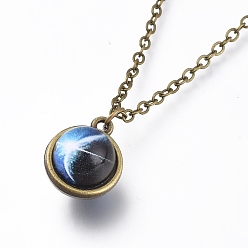 Planet Ожерелье из стекла, с тросовыми цепями из сплава и застежками-клешнями, без кадмия и без свинца, круглые, узор галактики, 20.07 дюйм (51 см), подвески: 18x15x14 мм