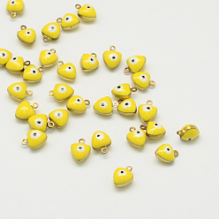 Yellow Golden Tone Brass Enamel Charms, Enamelled Sequins, Heart with Eye, Yellow, 9x7x5mm, Hole: 1mm