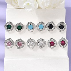 Mixed Color Brass Micro Pave Cubic Zirconia Stud Earrings, Round, Rack Plating, Long-Lasting Plated, Cadmium Free & Lead Free, Platinum, Mixed Color, 13x11.5mm