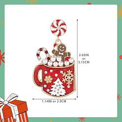 Золотой Литые эмаль болтаться серьги стержня, со стразами и пластиковым жемчугом, пряничный человечек с чашкой, золотые, 51.5x29 мм