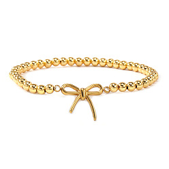 Золотой Браслет с бантом 304 браслет из нержавеющей стали, латунные круглые бусины эластичные браслеты для женщин, золотые, 6.89 дюйм (17.5 см)