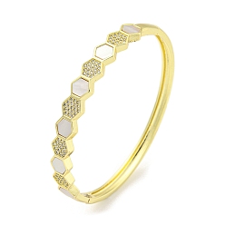 Real 18K Gold Plated Hexagon Brass Micro Pave Clear Cubic Zirconia Hinged Bangles, Shell Bangles for Women, Real 18K Gold Plated, Inner Diameter: 2-1/8 x 2-3/8 inch(5.4x6.05cm)