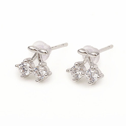 Платина Латунь серьги, с прозрачным цирконием и ушными орехами, вишня, платина, 6.8x7.5 мм, штифты : 0.9 мм