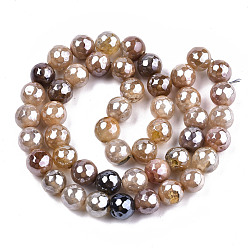 Moccasin Electroplate Natural Agate Beads Strands, Dyed, Faceted, Pearl Luster Plated, Round, Moccasin, 8.5x7~8mm, Hole: 1.2mm, about 47~48pcs/strand, 13.78 inch~13.98 inch(35cm~35.5cm)