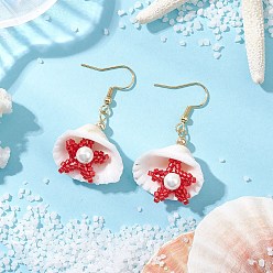 Малиновый В форме ракушки 304 серьги-подвески из нержавеющей стали, с подвесками из ракушек, цилиндрическим бисером и бусиной из ракушек, малиновый, 46x25 мм