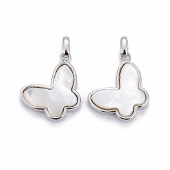 Platinum Natural White Shell Mother of Pearl Shell Pendants, with Brass Findings, Butterfly, Platinum, 14x18x5mm, Hole: 2x3mm