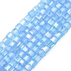 Небесно-голубой Стеклянные бусины с гальваническим покрытием , с покрытием AB цвета, граненые, кубические, голубой, 4~5x4~5x4~5 мм, отверстие : 1 мм, 98~100 шт / нитка, 40~43 см