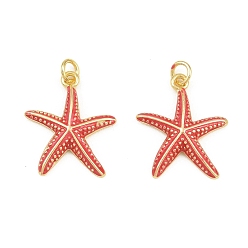 Rot Messing Emaille-Anhänger, Seestern Charms, langlebig überzogen, Gestell, cadmiumfrei und bleifrei, golden, rot, 22x18x3 mm, Bohrung: 3.5 mm