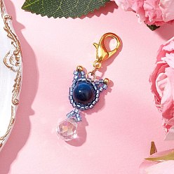 Тигровый глаз Подвеска в виде кошки из натурального тигрового глаза и стеклянных бусин, 304 подвески-застежки-лобстеры из нержавеющей стали для украшений сумок, 45.5 мм