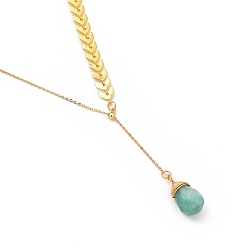 Amazonite Brass Lariat Necklaces, with Teardrop Natural Amazonite, Cobs Chains & Cable Chains, Golden, 19.49 inch(49.5cm)