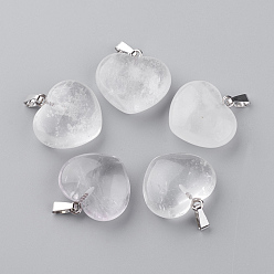 Хрусталь Натуральные прозрачные кварцевые подвески, с фурнитурой сплавочной платины тон, сердце, 21~22x23x10 мм, отверстие : 2.5x5.5 мм