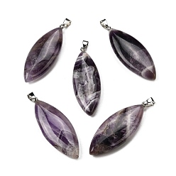 Аметист Природный аметист большие кулоны, Подвески в виде конского глаза с 304 защелкивающимися креплениями из нержавеющей стали, цвет нержавеющей стали, 55~55.5x20~20.5x7.5~8 мм, отверстие : 6.5x4 мм