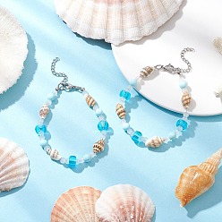 Белый Браслеты из стеклянных, бирюзовых и ракушечных бусин для женщин, раковина, белые, 7-3/8~7-1/2 дюйм (18.6~18.9 см)