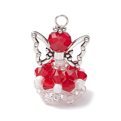 Красный Стеклянные подвески, угол, с бусинами-крылышками из сплава и железной петлей, граненые, красные, 29x18x16 мм, отверстие : 3 мм