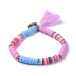 Pearl Pink Cotton Thread Tassel Charm Bracelets, Stretch Bracelets, with Polymer Clay Heishi Beads Beads,  Flat Round Brass Bead Spacers and Tibetan Style Alloy Lotus Pendants, Pearl Pink, 2 inch(5cm), 6mm