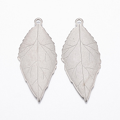 Stainless Steel Color Tarnish Resistant 304 Stainless Steel Pendants, Leaf, Stainless Steel Color, 37x16x1mm, Hole: 2mm