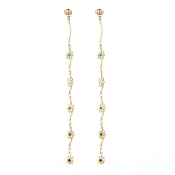 Real 18K Gold Plated Brass Enamel Chain Tassel Earrings, with 304 Stainless Steel Stud Earring Findings and Iron Ear Nuts, Flower,  Colorful, Real 18K Gold Plated, 122mm, Pin: 0.6mm
