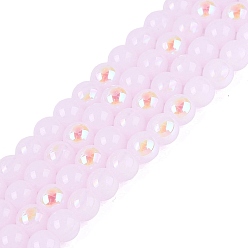 Бледно-Розовый Гальванические стекляныне бусины, имитация нефрита, круглые, с покрытием цвета радуги, с половиным покрытием, розовый жемчуг, 6~6.5 мм, отверстие : 0.8~1 мм, около 67~72 шт / нитка, 14.57~15.35 дюйм (37~39 см)