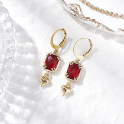 Красный Стеклянные серьги с защелкой, 304 из нержавеющей стали выводы Leverback серьги, Прямоугольник с сердцем, золотые, красные, 36x9 мм