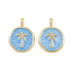 Небесно-голубой Латунь эмаль подвески, плоские круглые и кокосовые подвески, стойки покрытие, без кадмия и без свинца, долговечный, реальный 18 k позолоченный, голубой, 18x14x4 мм, отверстие : 4x2 мм
