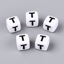 Letter T Opaque Acrylic Beads, Cube with Number, with Enamel, Black, Letter T, 7.5~8x7.5~8x8~8.5mm, Hole: 3.6~4mm, about 1200pcs/500g