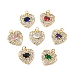 Mixed Color Heart Brass Micro Pave Cubic Zirconia Pendants, with Jump Rings, Cadmium Free & Nickel Free & Lead Free, Real 18K Gold Plated, Mixed Color, 18x17x4mm, Hole: 3mm