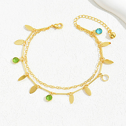 Настоящее золото 18K Модные двухслойные браслеты на ногу с кисточками в виде латунных листьев в случайном цвете аксессуара, реальный 18 k позолоченный, 8-5/8 дюйм (220 мм)