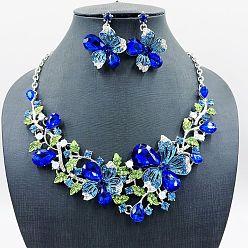 Синий Комплекты из стеклянных подвесок и серег-гвоздиков из цветочного сплава, платина, синие, 430 мм