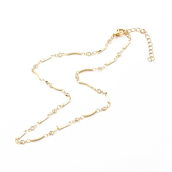 Golden Brass Link Chain Necklaces, with Bar Links & Flat Round Inlaid Clear Cubic Zirconia, 304 Stainless Steel Lobster Claw Clasps, Golden, 40.2cm