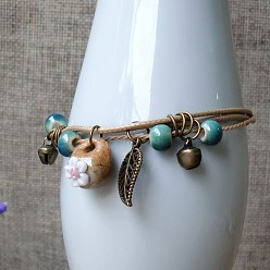 Фора Регулируемые фарфоровые бусины-цветы ручной работы плетеные браслеты из бусин, браслеты с подвесками в виде листьев из сплава для женщин, оранжевые, 7-1/8 дюйм (18 см)