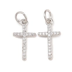 Платина Латунные микро проложить кубического циркония подвески, крест прелести, без свинца и без кадмия, долговечный, стойки покрытие, платина, 15.5x8x2 мм, Перейти кольцо: 5x1 мм, внутренний диаметр: 3 мм