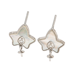 Real Platinum Plated Rhodium Plated 925 Sterling Silver Micro Pave Cubic Zirconia Stud Earrings Findings, with Shell Ginkgo, Maple Leaf, Real Platinum Plated, 16.5x12mm, Pin: 1x11mm