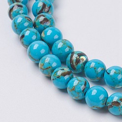 Deep Sky Blue Sea Shell and Synthetic Turquoise Assembled Beads Strands, Round, Deep Sky Blue, 8~9mm, Hole: 1.2mm, about 49~50pcs/strand, 15.3~15.7 inch(39~40cm)