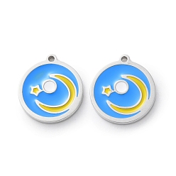 Озёрно--синий 304 из нержавеющей стали шармы эмали, плоская круглая с лунным шармом, цвет нержавеющей стали, Плут синий, 14x13x1.5 мм, отверстие : 1 мм