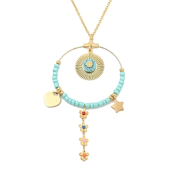 Аквамарин Бохо пластиковые бусины и 304 нержавеющая сталь цветок и лист подвеска ожерелье кабель цепь для женщин, золотые, аквамарин, 16.93 дюйм (43 см)