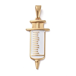 Golden 304 Stainless Steel Pendants, with Enamel, Injection Syringe Shape, White, Golden, 43x19.5x2.5mm, Hole: 8x3mm