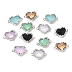 Platinum Brass & Glass Connector Charms, Heart Links, Mixed Color, Faceted, Platinum, 9.5x15x5mm, Hole: 1.2mm