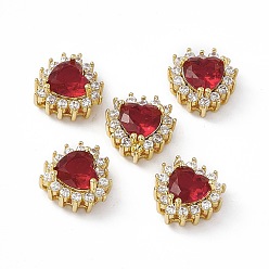 Красный Стойки обшивки латунь микро проложить кубического циркония бусы, со стеклом, реальный 18 k позолоченный, долговечный, без кадмия, без никеля и без свинца, сердце, красные, 10.5x10.5x6 мм, отверстие : 1.2~3.5x1.2~1.4 мм
