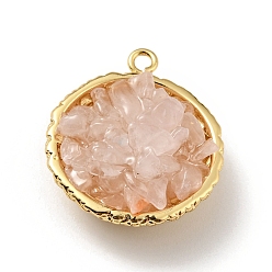 Розовый Кварц Подвески из натурального розового кварца, с реечным покрытием из латуни с покрытием из настоящего золота 18k, круглые, без кадмия, без никеля и без свинца, 24x20x10~13 мм, отверстие : 1.8 мм