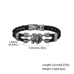 Gunmetal Alloy Elephant Link Braided Imitation Leather 2-Strand Bracelets, Black, Gunmetal, 8.27 inch(21cm)