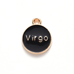 Virgo Alloy Enamel Pendants, Flat Round with Constellation, Light Gold, Black, Virgo, 15x12x2mm, Hole: 1.5mm, 100pcs/Box